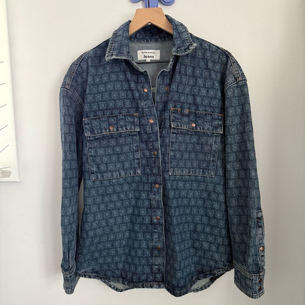 Reformation Small Lea Shirt Disco Organic Cotton Oversized Denim Dark Wash